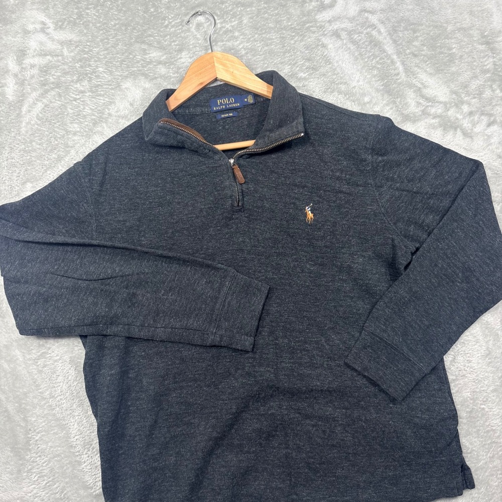 Polo Ralph Lauren Pullover Mens M Charcoal Grey Estate Rib Quarter Zip Cotton